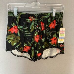 YOUNG USA WOMEN'S SHORTS, SZ-SM, BLACK w/FLORAL PRINT, ELASTIC/TIE WAIST, NWT